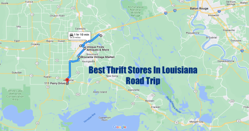 Map showing a route for a road trip to the best thrift stores in Louisiana, highlighting key locations and distances.