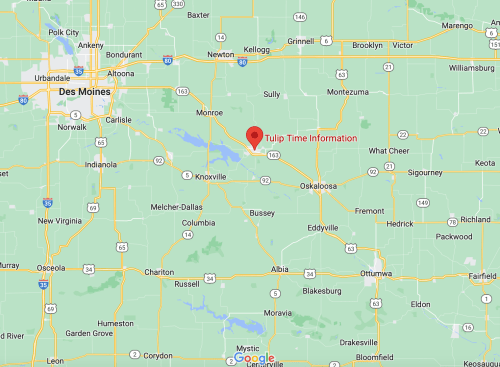 Map showing the location of Tulip Time Information near Oskaloosa, Iowa, with nearby cities and highways.