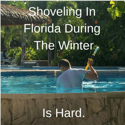 A person shoveling snow into a pool in a tropical setting, with a humorous caption about winter in Florida.