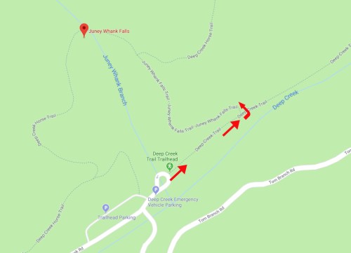 Map showing Juney Whank Falls trailhead and surrounding trails, with directional arrows indicating paths.