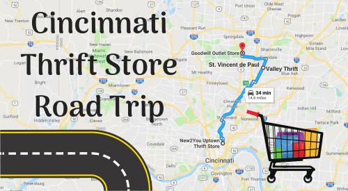 Map showing a road trip route in Cincinnati to thrift stores, with a shopping cart graphic and travel time noted.
