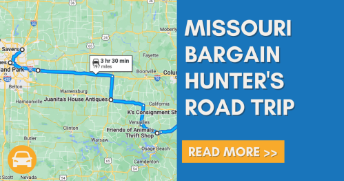 Map highlighting a road trip route in Missouri for bargain hunting, featuring various antique and thrift shop stops.
