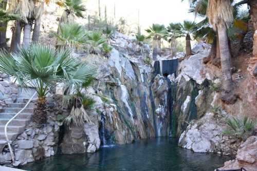 A serene waterfall cascading over rocks into a tranquil pool, surrounded by palm trees and desert vegetation.