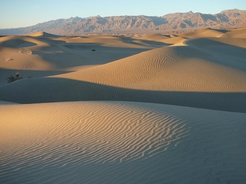 A vast desert landscape with rolling sand dunes and distant mountains under a clear blue sky.