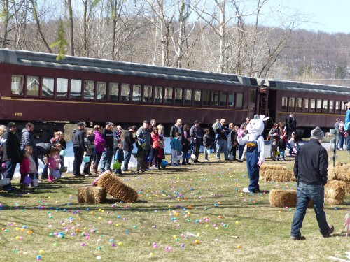 A crowd gathers for an outdoor event with a train in the background, colorful eggs scattered on the ground, and a mascot.