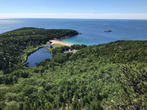 Aerial view of a serene beach surrounded by lush greenery and a calm blue ocean under a clear sky.