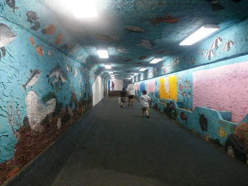 A colorful mural decorates a tunnel as people walk through it, surrounded by vibrant sea life artwork.