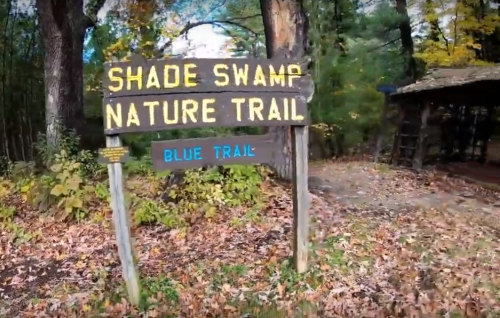 Sign for Shade Swamp Nature Trail, indicating the Blue Trail, surrounded by autumn foliage and trees.