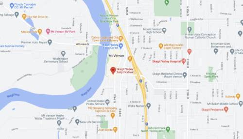 Map of Mount Vernon, Washington, highlighting the Skagit Valley Tulip Festival and nearby landmarks.