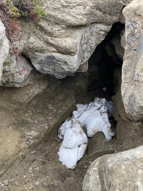 A rocky cave entrance with patches of snow on the ground inside, surrounded by stone walls and earthy terrain.