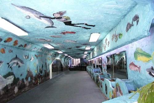 A colorful underwater-themed tunnel with murals of fish and marine life on the walls and ceiling.