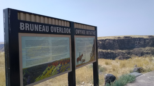 Two informational signs at Bruneau Overlook, with a scenic view of cliffs and dry grassland in the background.