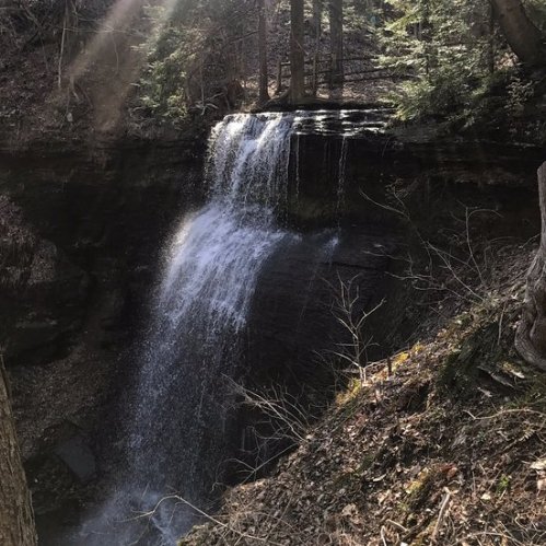 A serene waterfall cascading down rocky cliffs, surrounded by lush green trees in a tranquil forest setting.