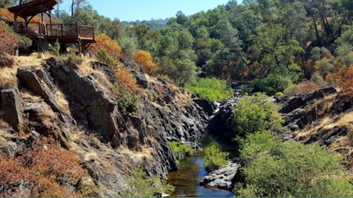 A rocky landscape with a small stream, surrounded by lush greenery and trees, under a clear blue sky.