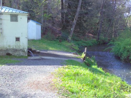 A small building beside a creek, with a gravel path and lush greenery surrounding the water.