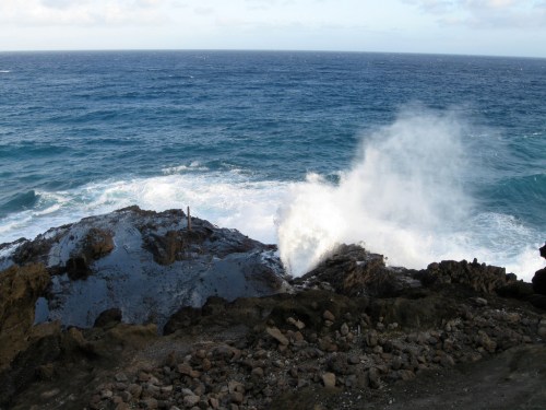 Waves crash against rocky shore, creating a spray of water against a backdrop of the ocean and cloudy sky.