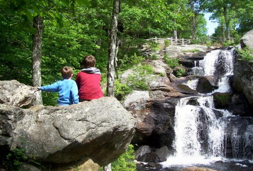 Two children sit on a rock, gazing at a waterfall surrounded by lush greenery.