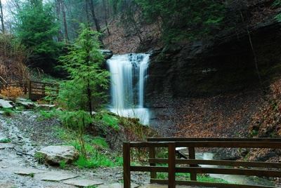 A serene waterfall cascades down rocky cliffs, surrounded by lush greenery and a wooden railing in a tranquil forest setting.