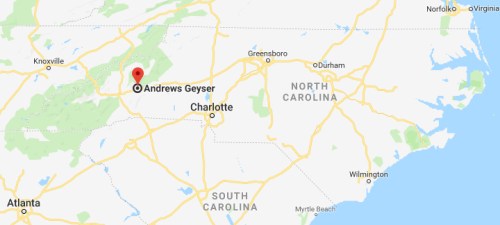 Map showing the location of Andrews Geyser in North Carolina, with nearby cities and geographical features.
