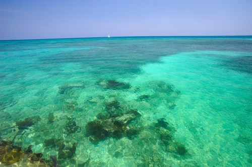 Clear turquoise waters with visible rocks beneath the surface, stretching to the horizon under a blue sky.