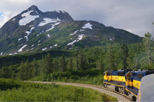 A train winds through lush greenery with a snow-capped mountain in the background under a cloudy sky.