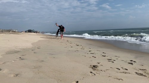 A person joyfully walks along a sandy beach, holding a dog, with waves gently crashing in the background.