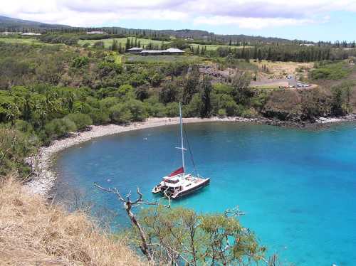 A serene coastal scene featuring a sailboat anchored in a turquoise bay surrounded by lush greenery and hills.