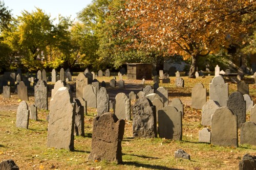 A peaceful cemetery with numerous weathered gravestones surrounded by autumn trees and fallen leaves.