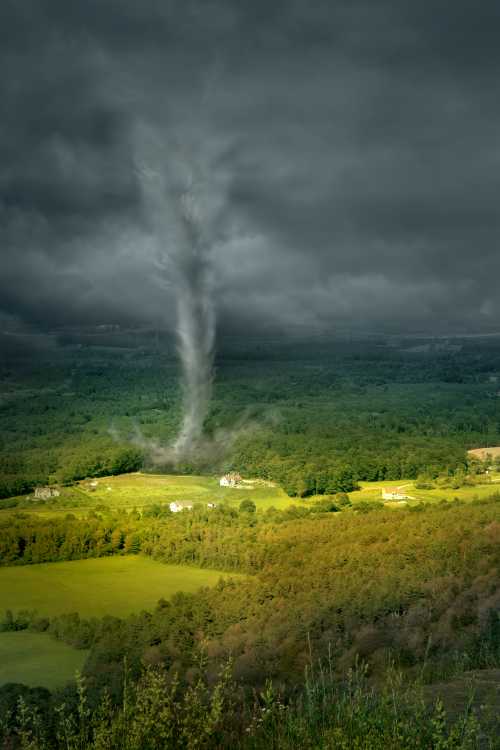 A dramatic landscape featuring a tornado forming over green fields and distant houses under a dark, cloudy sky.