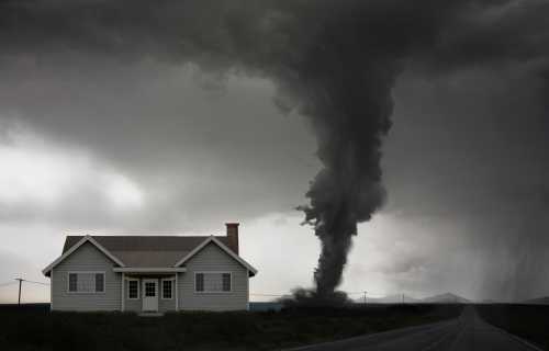 A small house stands on a road as a dark tornado forms in the stormy sky above.