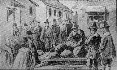 Historical scene depicting a group of people observing an event outdoors, with figures in period clothing and a cart.