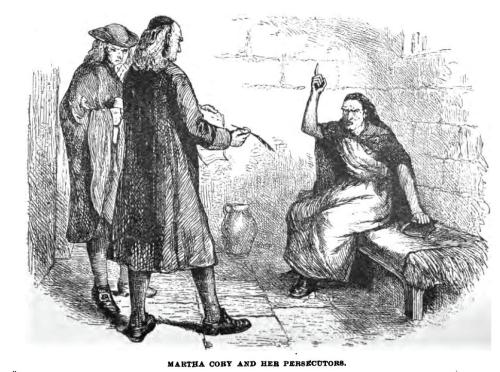 An illustration of Martha Cory confronting two men in a dimly lit room, highlighting themes of persecution.