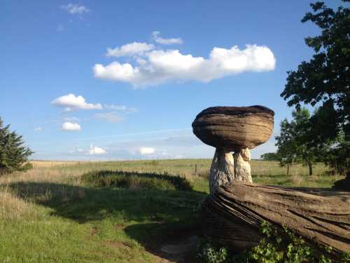 A large rock formation resembling a mushroom stands in a grassy field under a blue sky with scattered clouds.