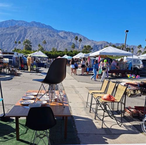 A vibrant outdoor market with tents, furniture, and shoppers, set against a backdrop of mountains and palm trees.