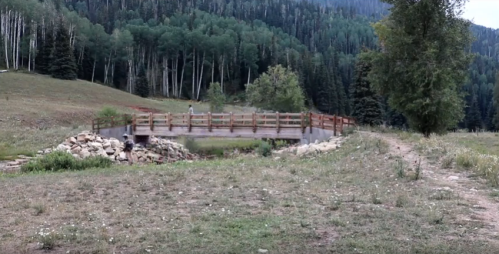 A wooden bridge spans a small stream in a grassy area surrounded by trees and mountains.