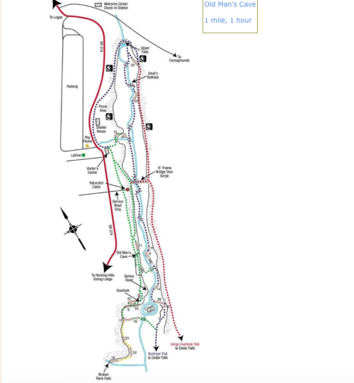 Map of Old Man's Cave trail, showing routes, landmarks, and distances for a 1-mile hike taking about 1 hour.