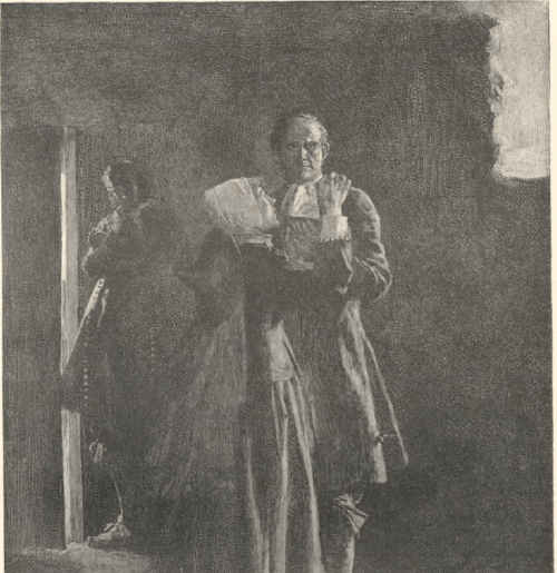 A historical scene featuring a man in period clothing holding papers, with a figure partially visible in the background.