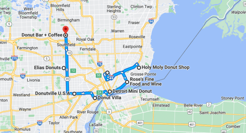 Map showing donut shops in Detroit, including Donut Bar + Coffee, Holy Moly Donut Shop, and others.