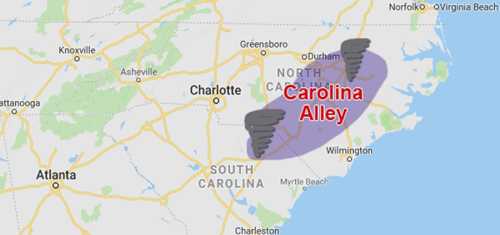 Map highlighting the "Carolina Alley" region in North and South Carolina, marked with tornado icons.