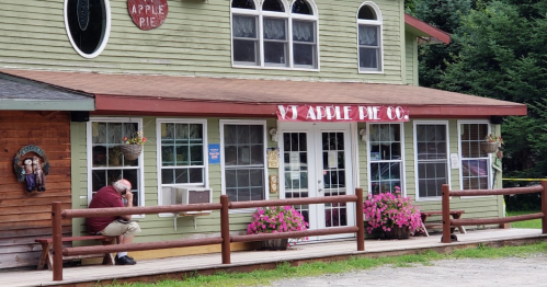 A quaint building with "NY Apple Pie Co." sign, featuring flower pots and a man sitting on the porch.