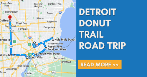 Map highlighting the Detroit Donut Trail road trip route with key locations and a call to action to read more.