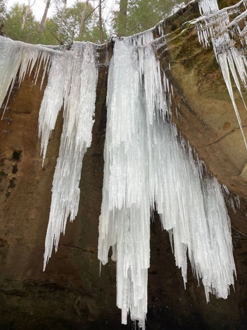 Icicles hang from a rocky overhang, glistening in the light, surrounded by a forested landscape.
