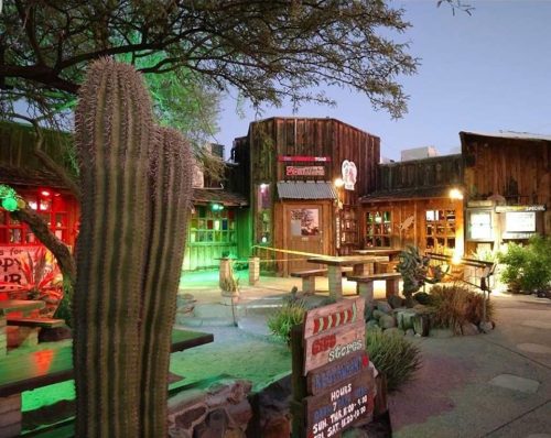 A rustic outdoor area with wooden buildings, cacti, and colorful lights, creating a lively atmosphere.