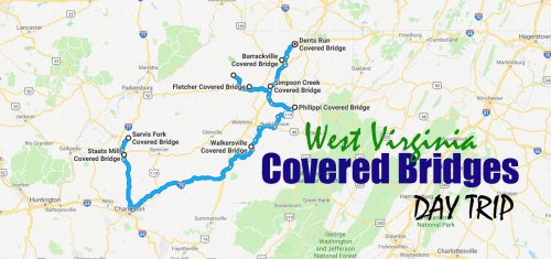 Map highlighting a day trip route through West Virginia's covered bridges, featuring key locations and bridges.