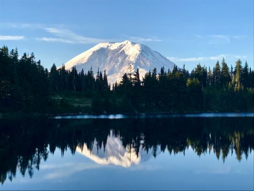 A snow-capped mountain reflects in a calm lake, surrounded by evergreen trees under a clear blue sky.
