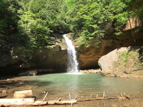 A serene waterfall cascades into a clear pool, surrounded by lush greenery and rocky cliffs.