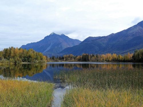 Scenic view of a calm lake surrounded by autumn foliage and mountains under a cloudy sky.