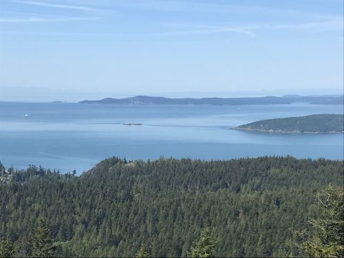 A panoramic view of a calm blue sea surrounded by green forests and distant islands under a clear sky.