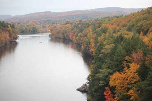 A serene river surrounded by vibrant autumn foliage and rolling hills under a cloudy sky.