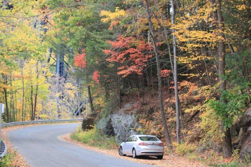 A silver car parked beside a winding road surrounded by vibrant autumn foliage.